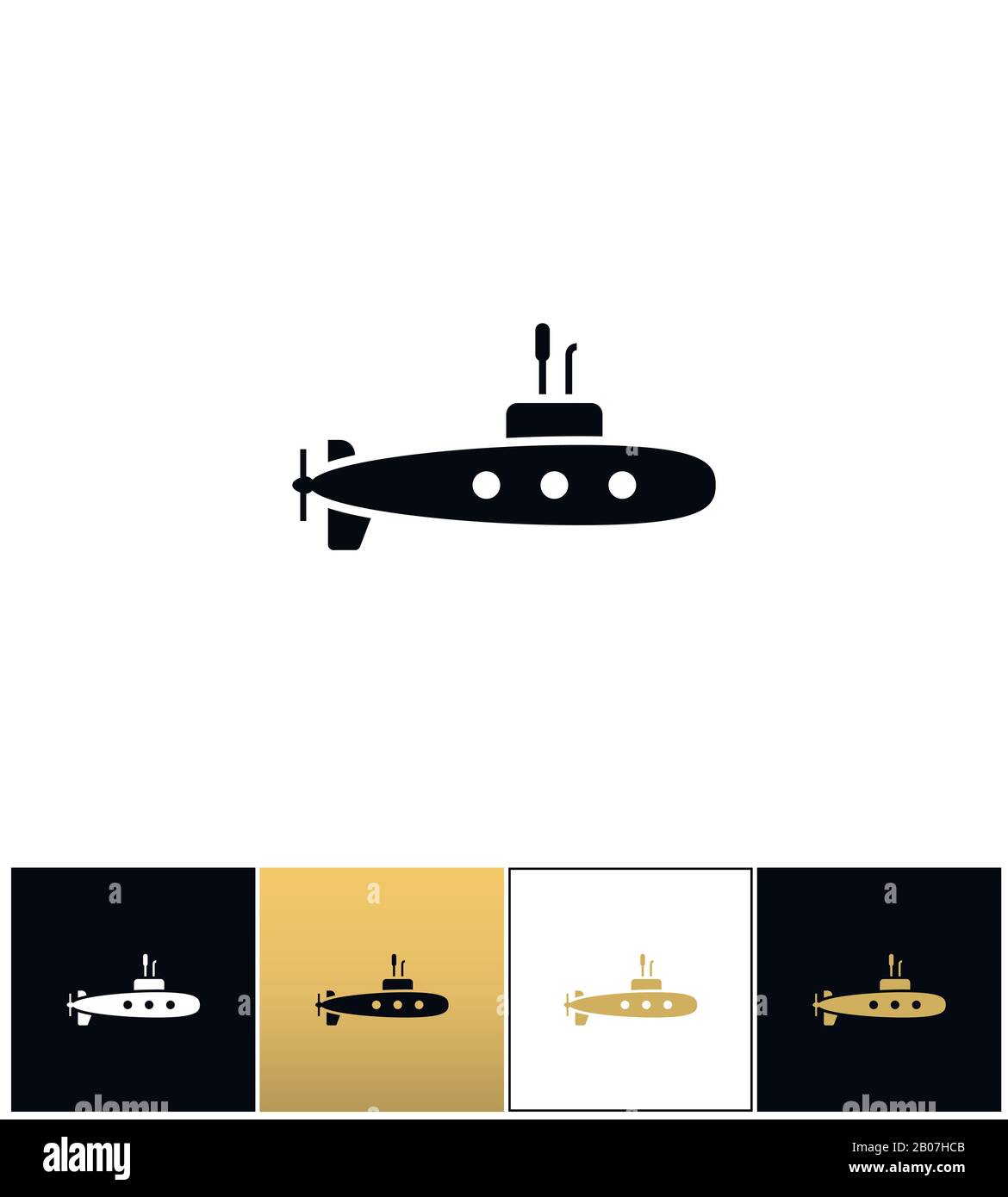Symbol für Tiefwasser-U-Boot-Vektor. Tiefes Wasser-U-Boot-Piktogramm auf schwarzem, weißem und goldenem Hintergrund Stock Vektor