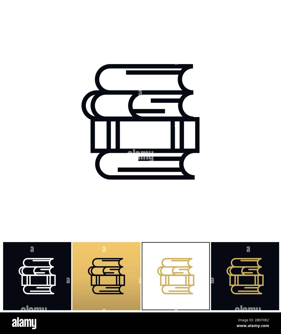 Linienstapel für Studien- und Bibliotheksvektor-Symbol. Lineare Bücher stapeln sich für das Piktogramm "Studie" und "Bibliothek" auf schwarzem, weißem und goldenem Hintergrund Stock Vektor