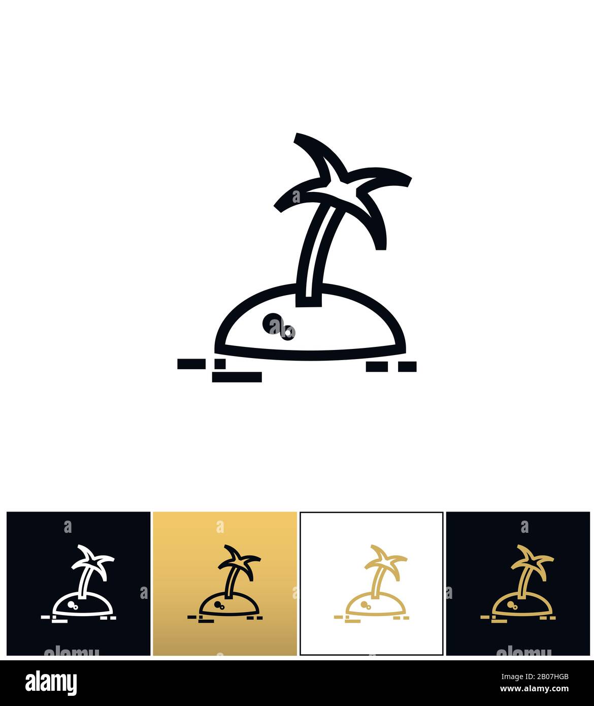 Insel mit Palmenreisevektor-Symbol. Insel mit Palmenreise-Piktogramm auf schwarzem, weißem und goldenem Hintergrund Stock Vektor