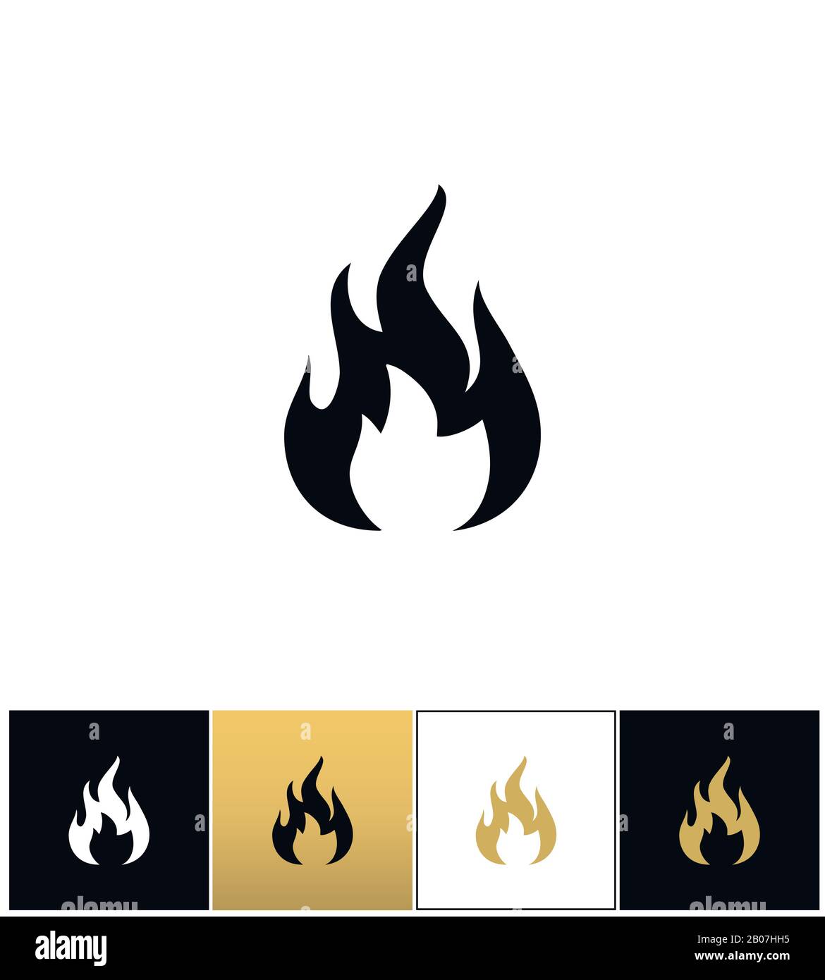 Brandzeichen, brennbares Wildfeuer oder heiße Vektorsymbole auf schwarzem, weißem und goldenem Hintergrund Stock Vektor