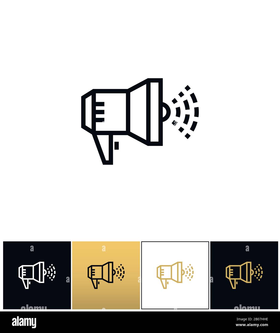 Symbol für Megafonansage oder Stierhornlautsprecher. Megafon- oder Lautsprecherbullhorn-Piktogramm auf schwarzem, weißem und goldenem Hintergrund Stock Vektor