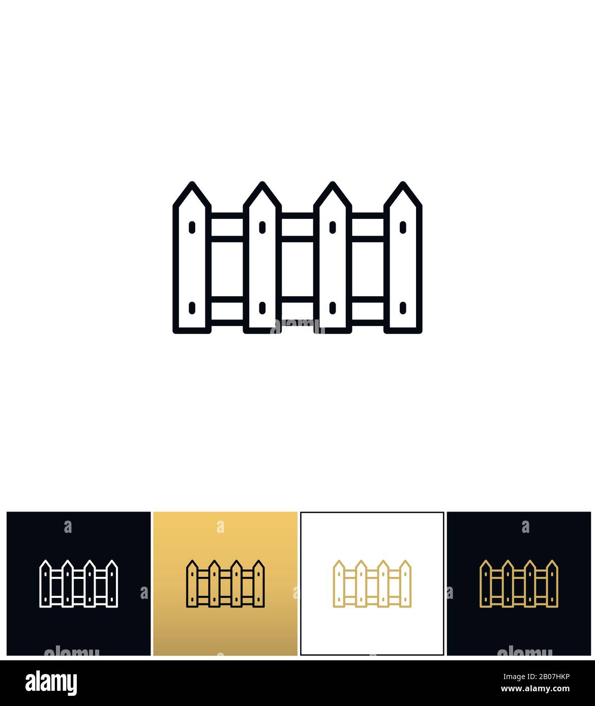 Vektorsymbol "Zaun" oder "Holzkippel". Piktogramm "Zaun" oder "Holzkippenzeile" auf schwarzem, weißem und goldenem Hintergrund Stock Vektor