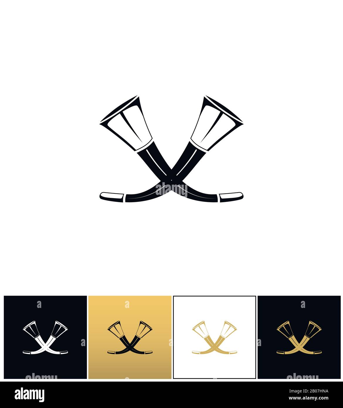 Vektorsymbol für gekreuzte Jagdhörner. Piktogramm mit gekreuzten Jagdhörnern auf schwarzem, weißem und goldenem Hintergrund Stock Vektor