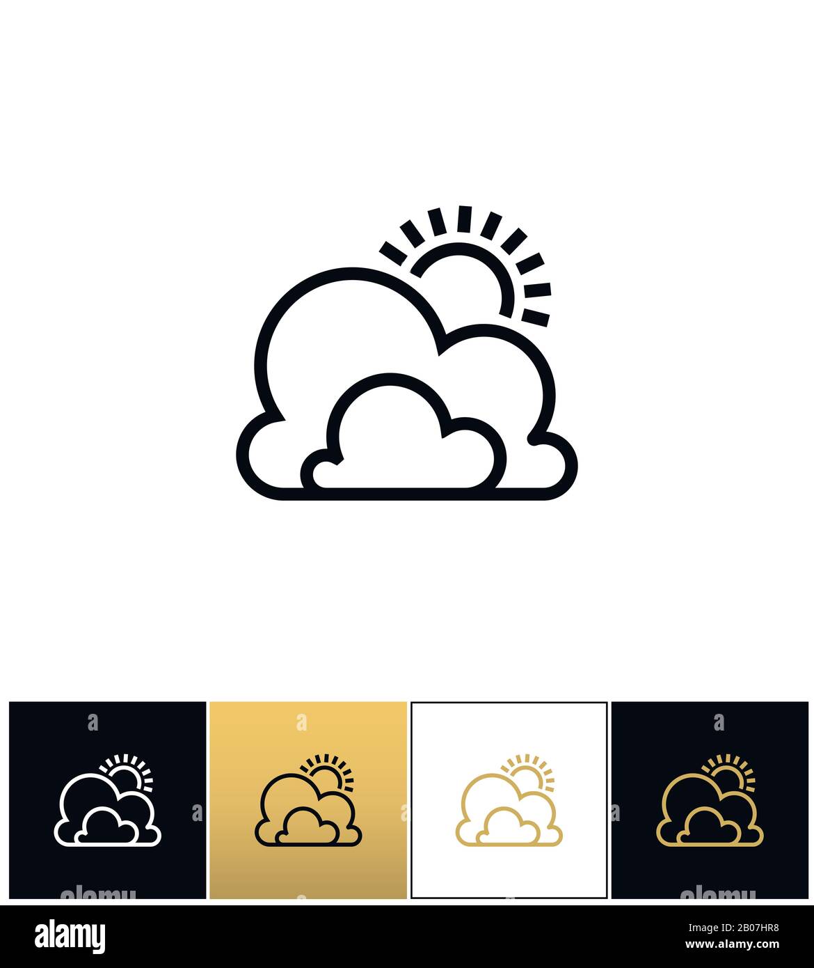 Wettersymbol oder Sonne und Wolken umreißen das Vektorsymbol. Wettersymbol oder Sonne und Wolken umranden Piktogramm auf schwarzem, weißem und goldenem Hintergrund Stock Vektor