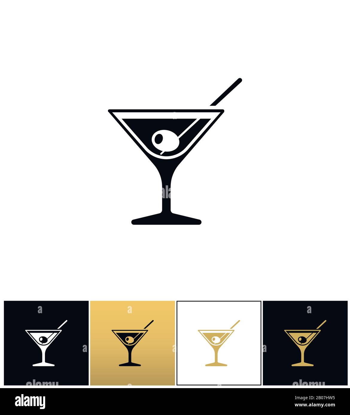 Cocktailglas mit Martini Wodka und Oliven Vektor-Ikonen auf schwarzem, weißem und goldenem Hintergrund Stock Vektor