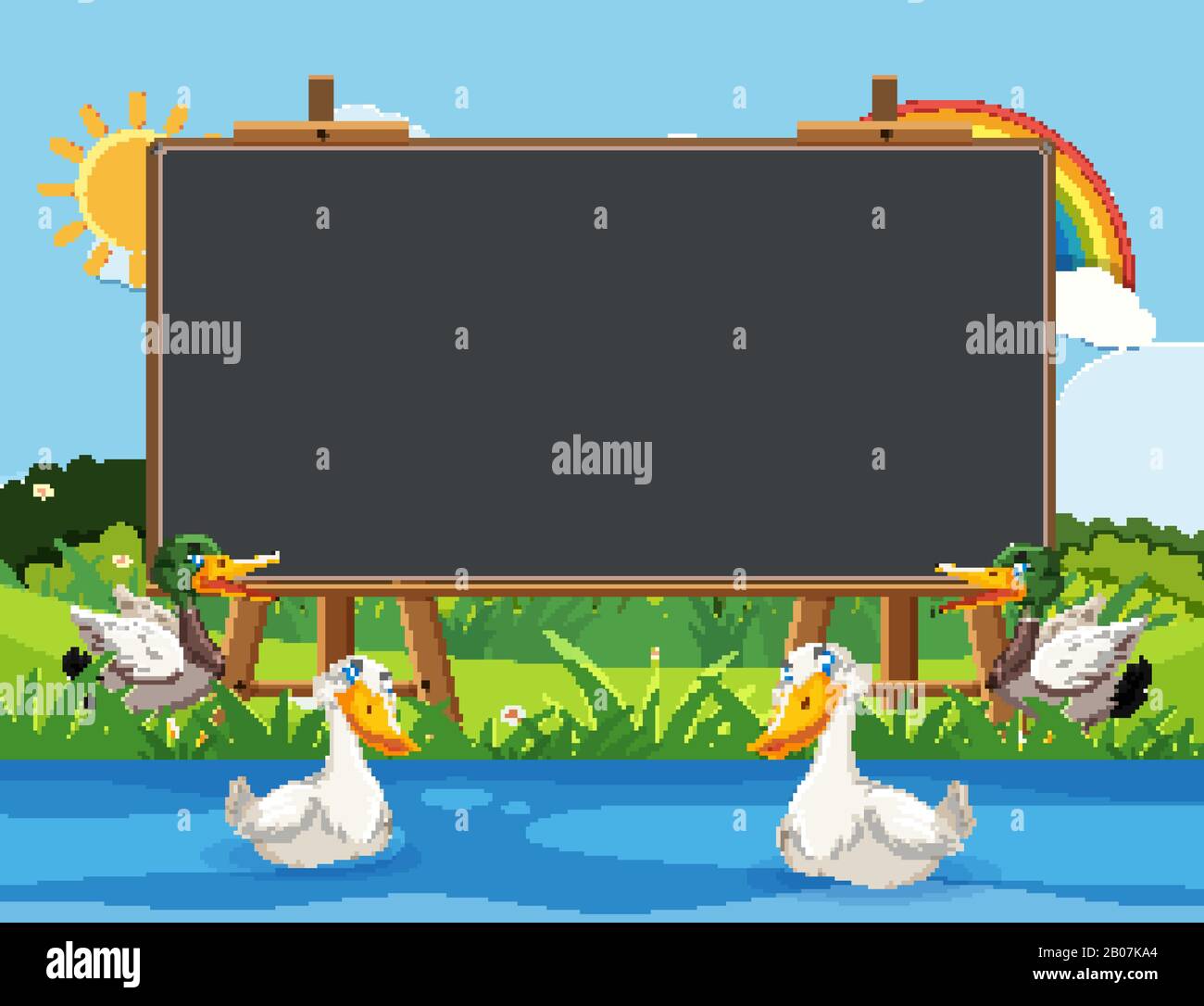 Blackboard Schablonendesign mit Enten, die in der Flussdarstellung schwimmen Stock Vektor