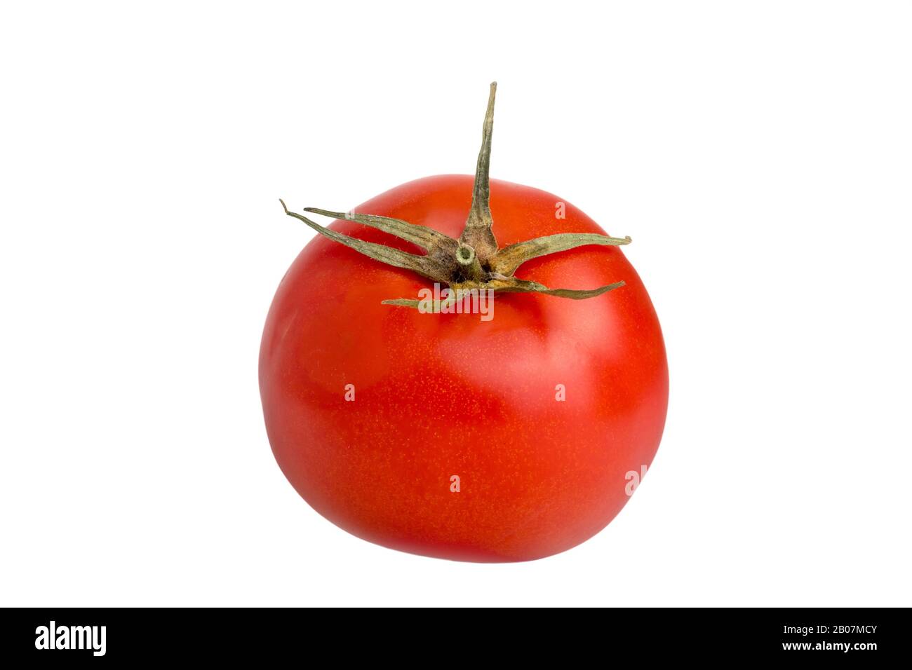 Abbildung: Reife, pflanzliche Tomaten mit einem Schwanz auf weißem Hintergrund Stockfoto