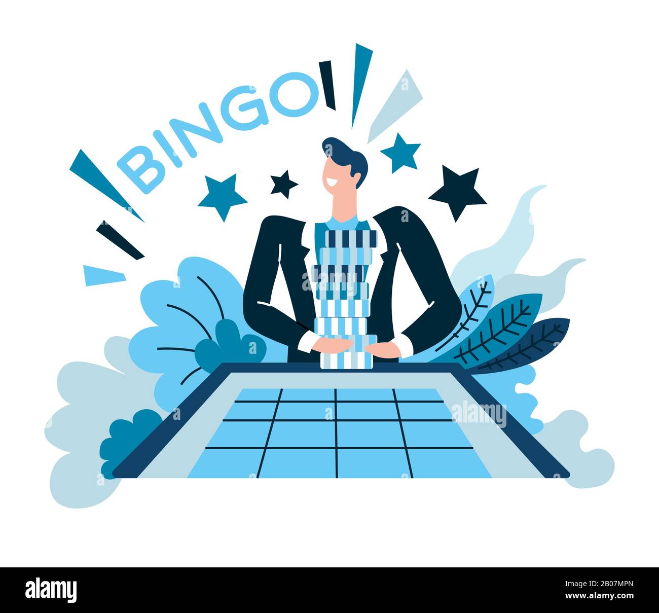 Bingo und gewinnen, Casino und Glücksspiel, Gewinner am Spieltisch Stock Vektor