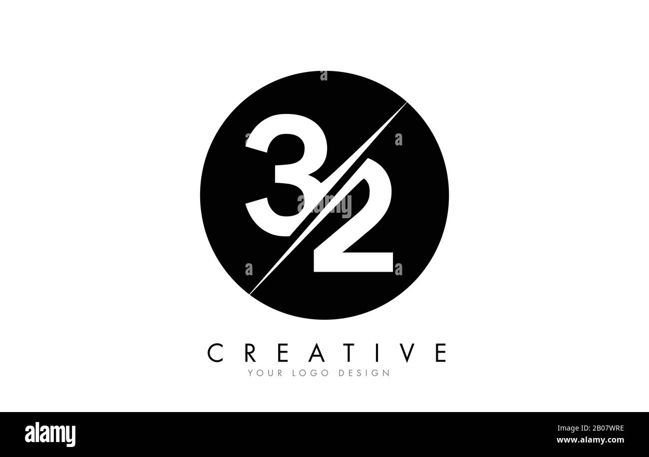 32 3 2 Nummer Logo Design mit Creative Cut und Black Circle Hintergrund. Kreatives Logo-Design. Stock Vektor