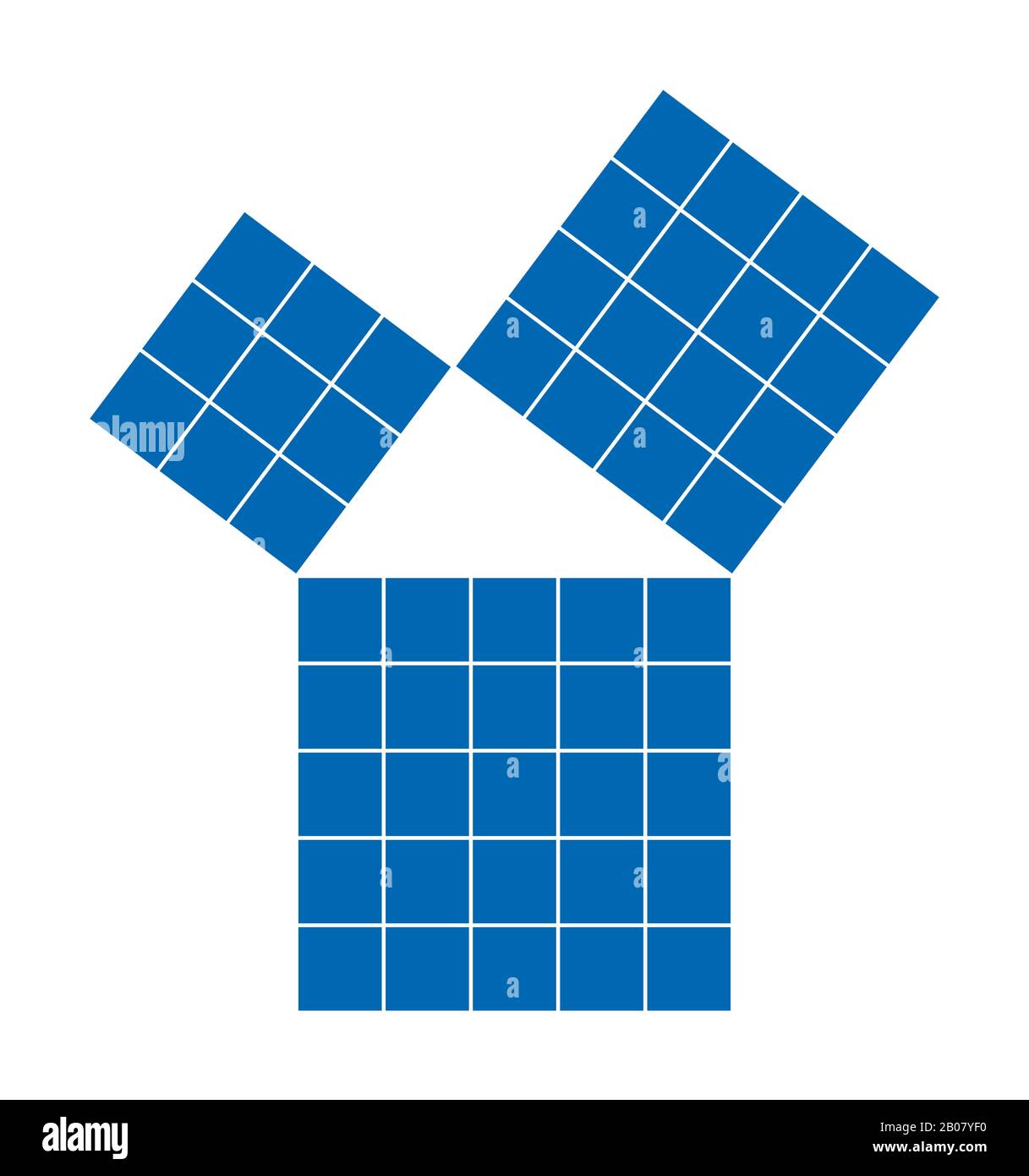 Pythagoreisches Theorem mit unterteilten blauen Quadraten. Satz des Pythagoras. Verhältnis der Seiten des rechten Dreiecks. Stockfoto