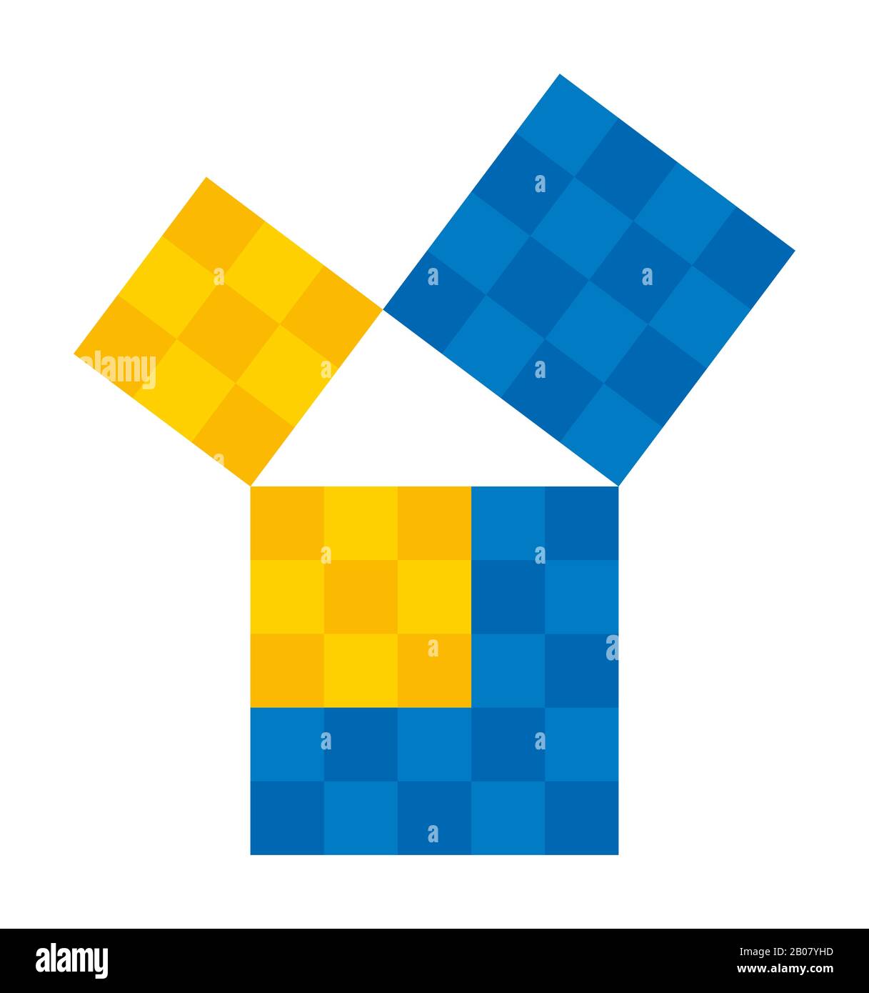 Pythagoreisches Theorem mit unterteilten farbigen Quadraten. Satz des Pythagoras. Verhältnis der Seiten eines rechten Dreiecks. Stockfoto