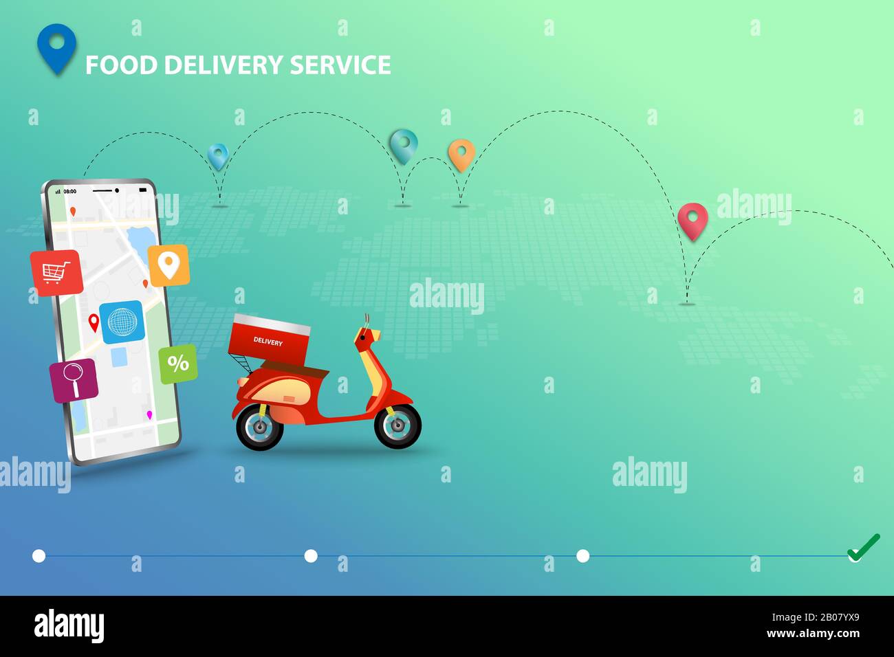 Konzept des Lebensmittelzustelldienstes, Lebensmittelbox auf dem Roller in der Nähe des Telefons, die Karte und GPS im Hintergrund der Karte und der Route der Lieferungen enthält Stock Vektor