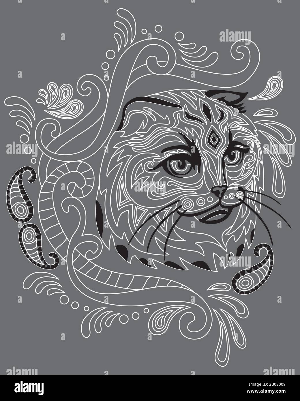 Monochromes abstraktes Doodle-Porträt von Scotish Fold Cat. Dekorative Vektorgrafiken in weißen und schwarzen Farben isoliert auf grauem Backgrou Stock Vektor