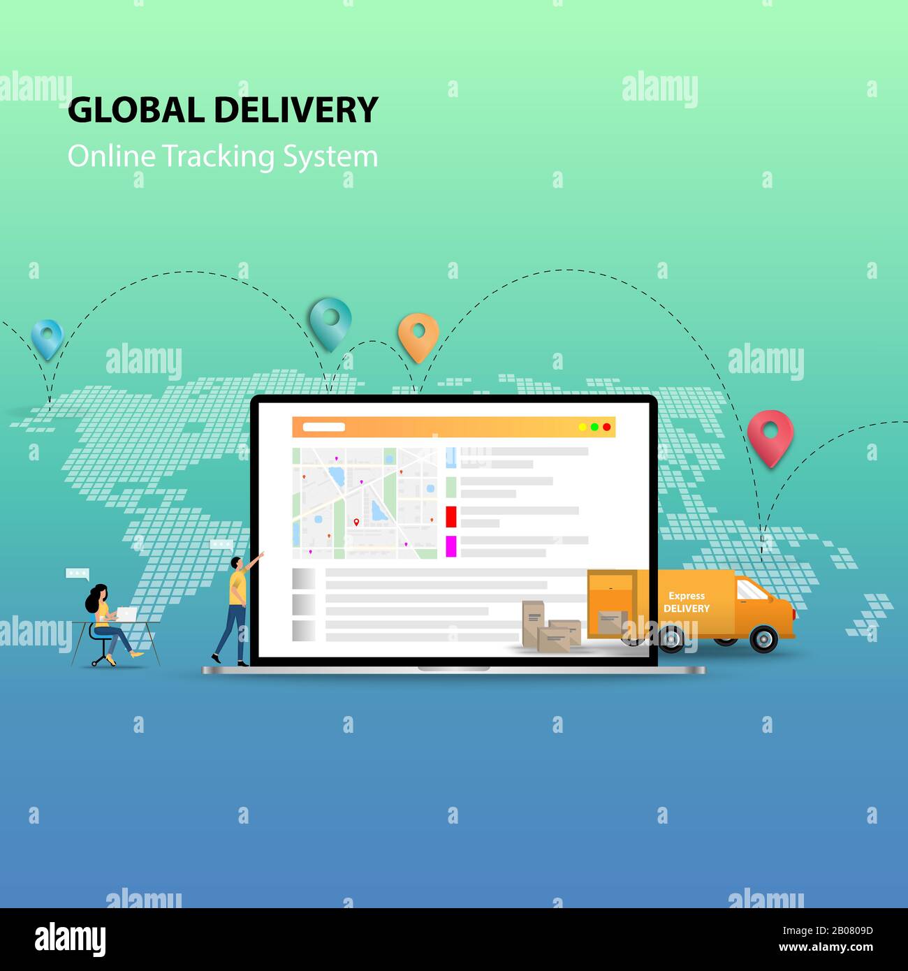 Konzept der globalen Lieferung mit Online-Tracking-System, Unternehmer arbeitet mit Kollegen in einem großen Bildschirm von Laptop, der Karte und GPS enthält. Stock Vektor