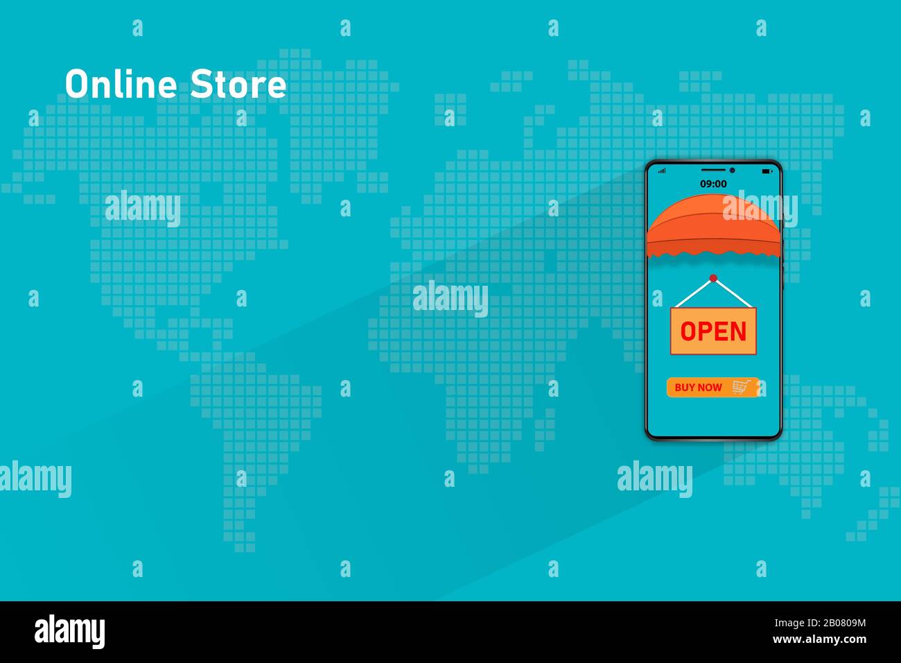 Das Konzept des Online-Shops für Mobiltelefone, die Wörter "offen" und "jetzt" hängen auf dem Telefonbildschirm. Hintergrund ist eine Weltkarte, die von der NASA gedraft wurde. Stock Vektor
