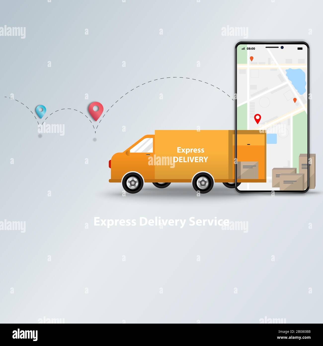 Express Delivery Service App und Online-Auftragsverfolgung auf Mobile-Konzept. Logistik von Lieferwagen und Handy mit Karte im Hintergrund. Stock Vektor