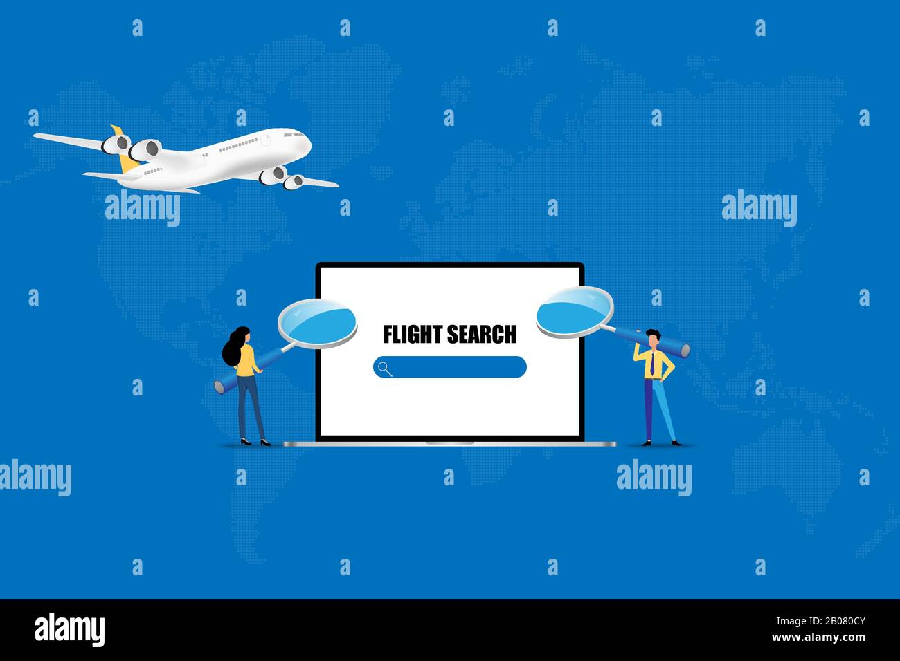 Geschäftskonzept der Online-Buchung, Unternehmer und Frau haben eine große Lupe, um sich auf den Bildschirm des Laptops zu konzentrieren, um nach einem Flug zu suchen. Stock Vektor