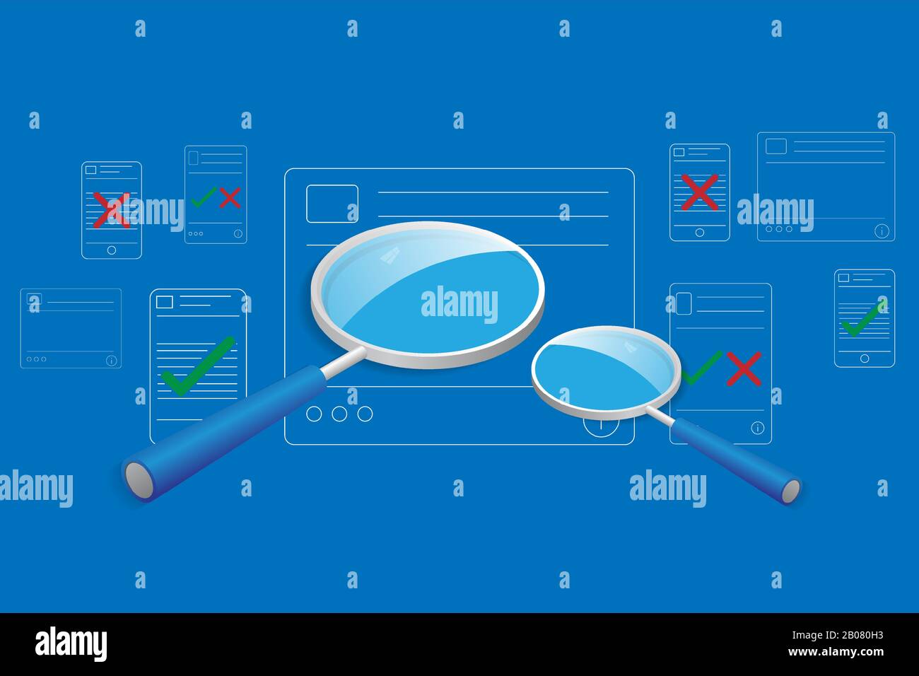 Konzept über gefälschte Nachrichten in sozialen Medien, große Lupe in der Mitte ist die Überprüfung der Inhalte in den elektronischen Geräten, die grüne Häkchen enthalten Stock Vektor