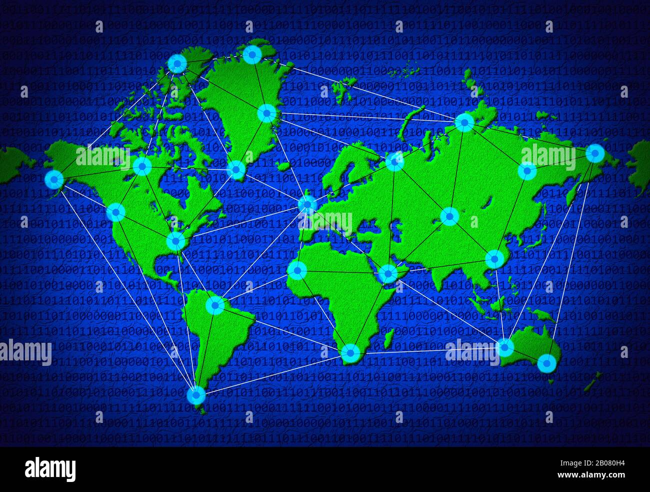 Internetkonzept und Darstellung der weltweiten Datenkonnektivität. 2D-Globus mit Datenleitungen und Datenknoten, die zwischen Ländern der Welt verbunden sind. Stockfoto