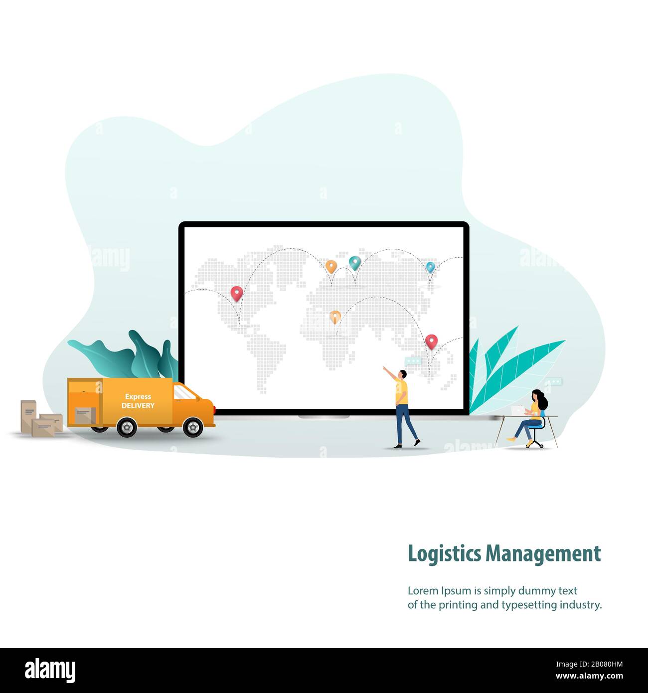 Geschäftskonzept des Logistikmanagements, Unternehmer, der mit seinem Kollegen zusammenarbeitet, um die Lieferungen zu verwalten, die auf dem Display des Laptops gezeigt werden. Stock Vektor