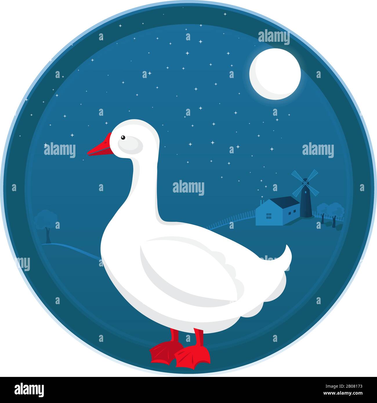 Gänsevektorillustration in der Nachtlandschaft des Bauernhofes Stock Vektor