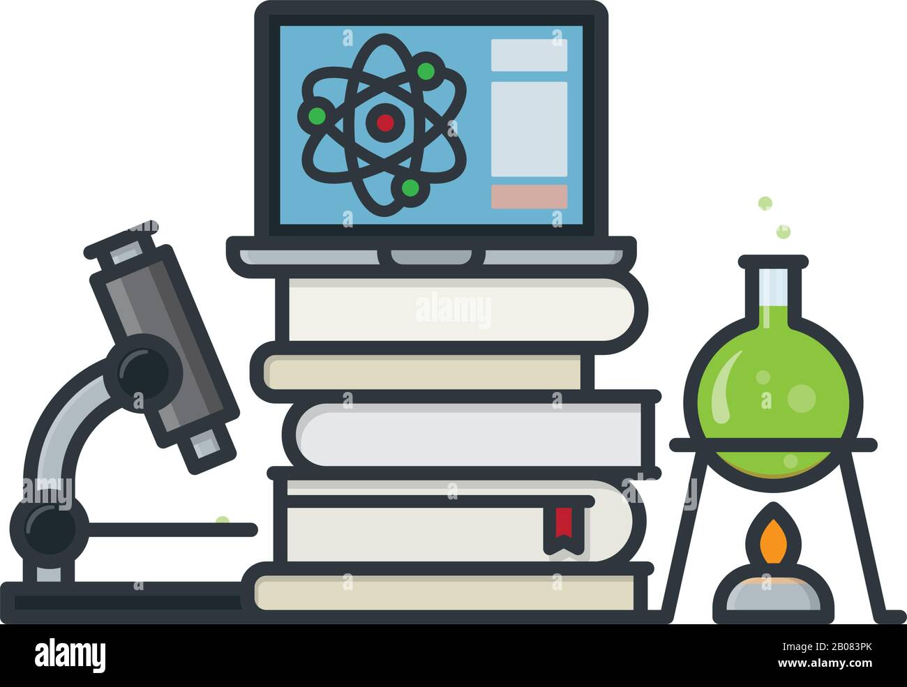 Wissenschaftliche Ausrüstung, Bücher und Laptop isolierte Vektorgrafiken für den Science Education Day am 14. März. Stock Vektor