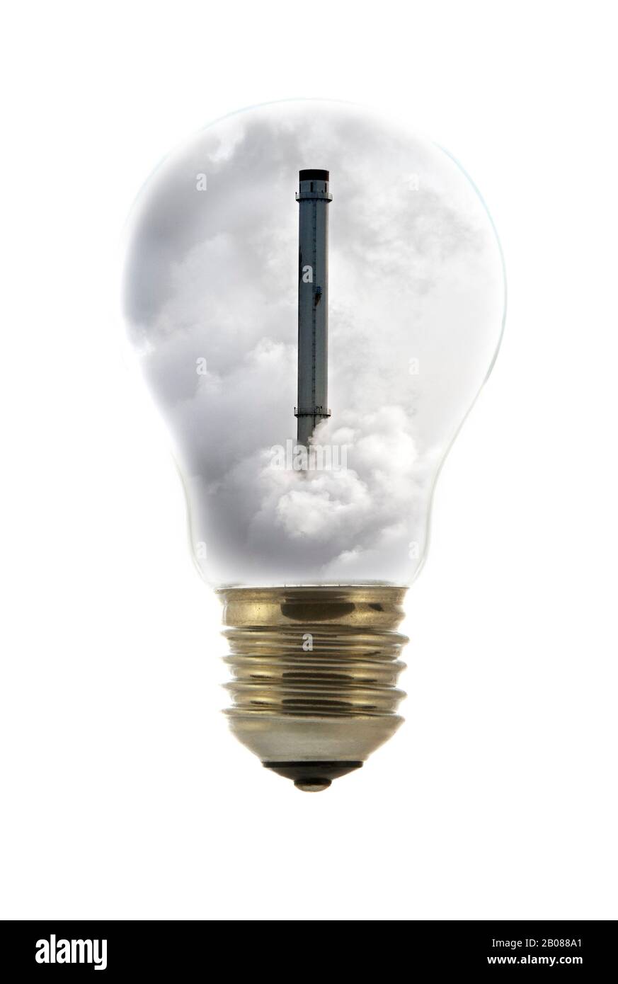 Schornstein abgedeckt in Rauch innen weißglühende Lampe / Birne vor weißem Hintergrund Stockfoto