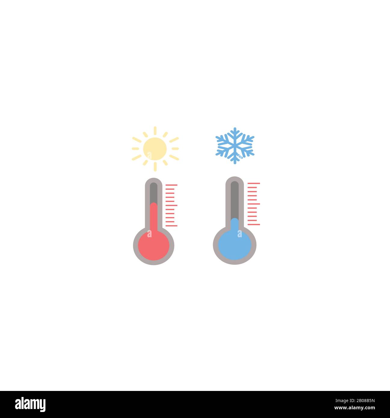 Thermometer - niedrige Kalttemperatur und hohe, heiße Temperatur. Vektorsatz der Wettersymbole Stock Vektor