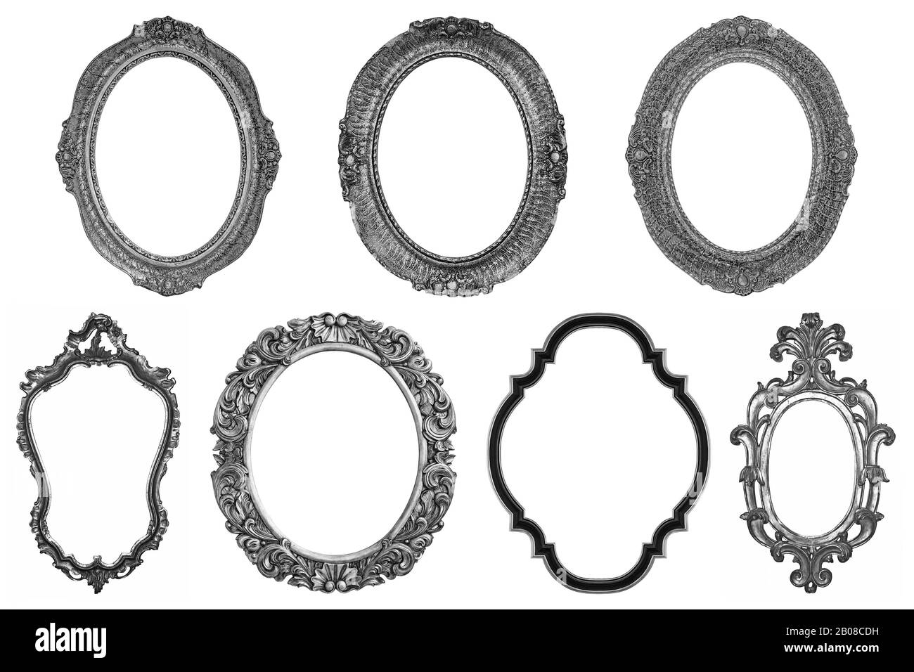 Set aus ovalem, Dekorativem, versilbertem Holzrahmen, isoliert auf weißem Hintergrund Stockfoto