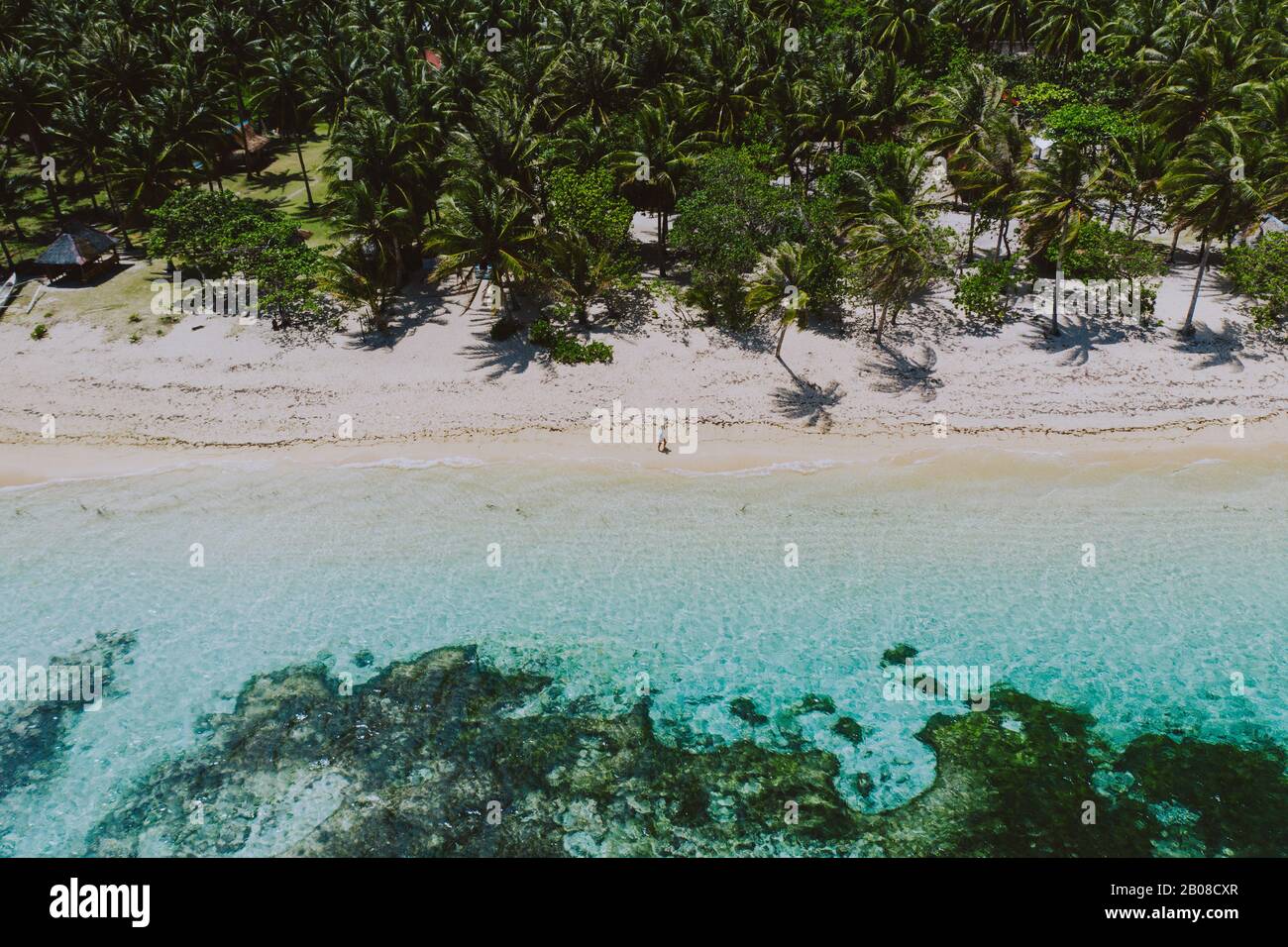 Man steht am Strand und genießt den tropischen Ort mit Blick auf das karibische Meer und Palmen im Hintergrund. Konzept über Reisen an Stockfoto