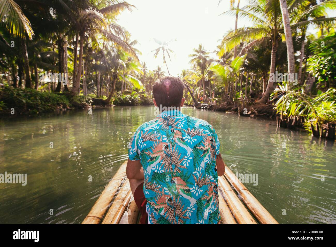 Palmenbaumdschungel auf den philippinen. Konzept über wanderlust tropische Reisen. Schwingen auf dem Fluss. Leute, die Spaß haben Stockfoto