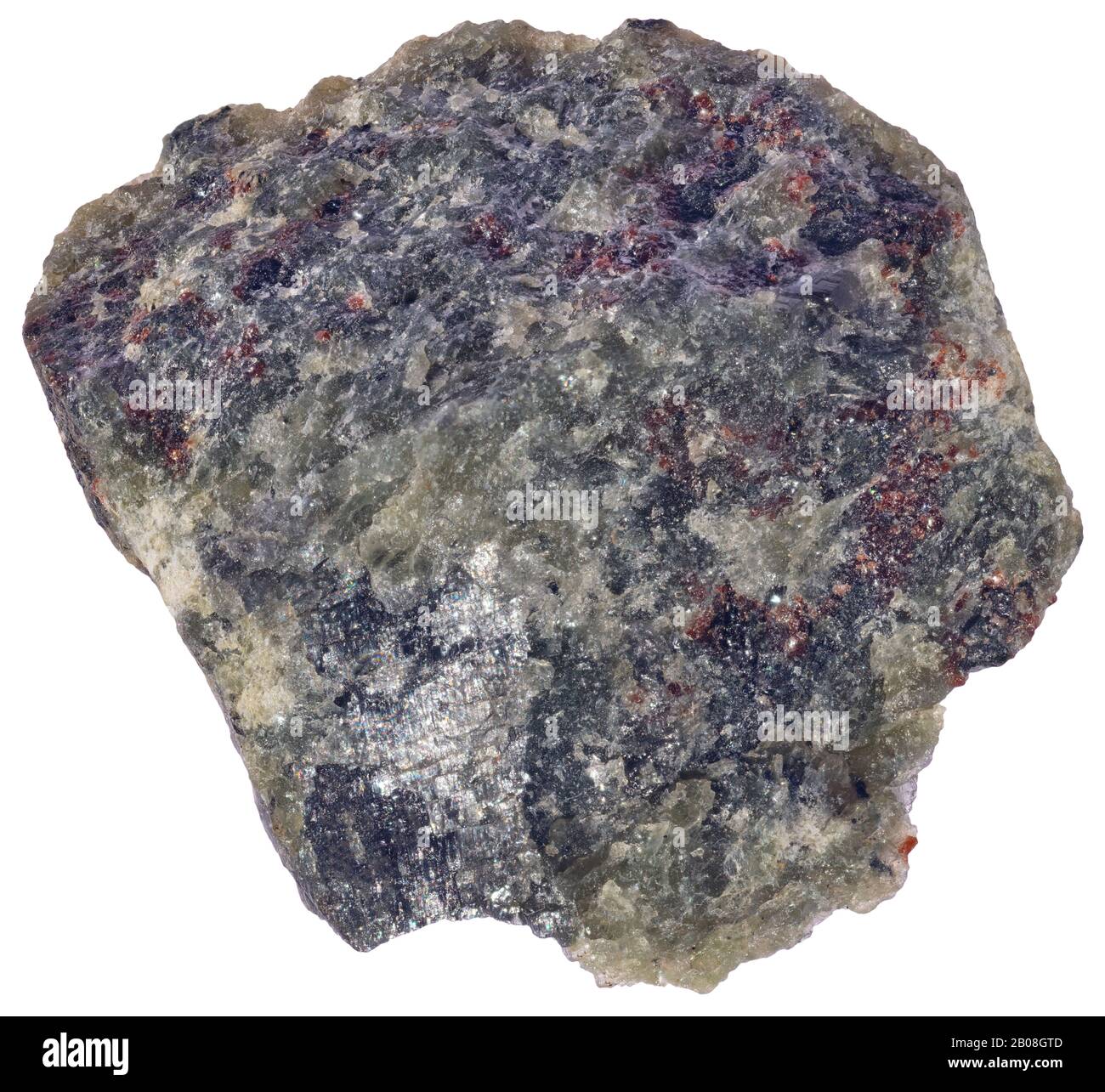 Ophilolitic Gabbro, Plutonic, Grenville, Quebec Gabbro (grobkörniges igneöses Gestein, das hauptsächlich aus Pyroxen und kalzigem Plagioklase-Feldspat besteht) mit Stockfoto