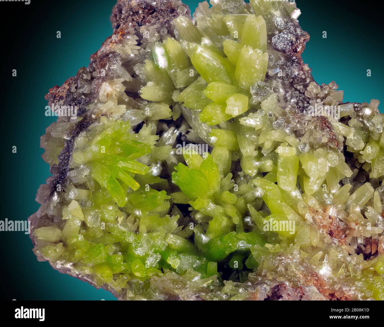 Pyromorphit, Guang xi, Yang Suo, China Pyromorphit ist eine Mineralart, die sich aus Bleichlorphosphat zusammensetzt. Kristalle sind häufig und haben die Form von Stockfoto