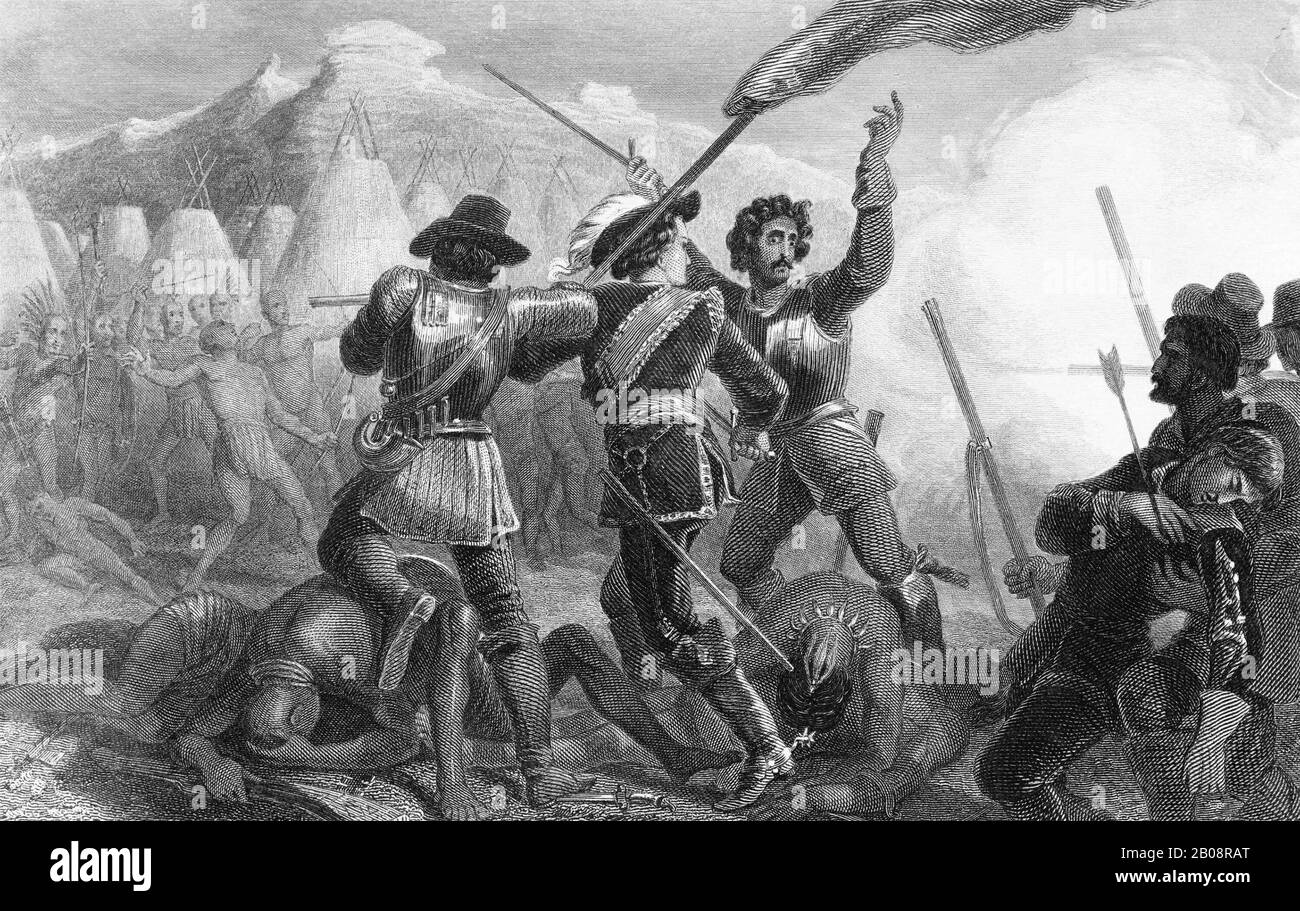 PEQUOT-KRIEG 1636-1638 bewaffneter Konflikt in Neuengland zwischen dem Pequot-Stamm der einheimischen Amerikaner und Kolonisten zusammen mit ihren Verbündeten aus anderen einheimischen Stämmen. Stockfoto