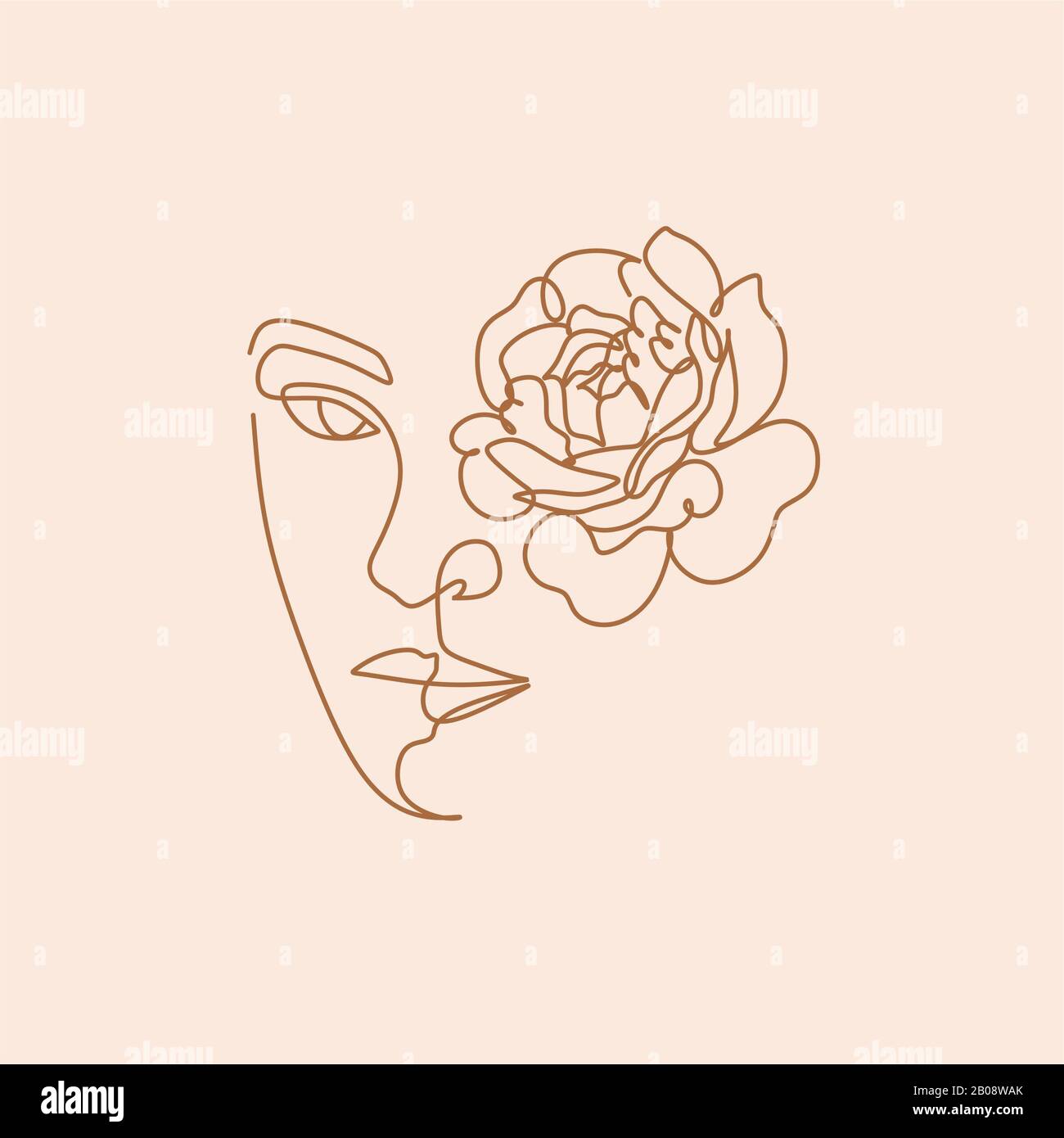 Abstraktes Gesicht mit Blumen in einer Linienvektorzeichnung. Minimalistischer Hochformat. Botanischer Druck. Natursymbol der Kosmetik. Modernes Dauerli Stockfoto