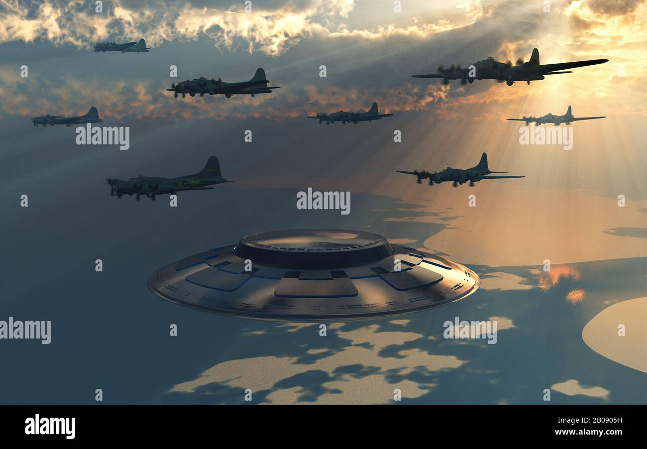 Fliegende Fortress Bomber Treffen Auf EIN UFO Stockfoto