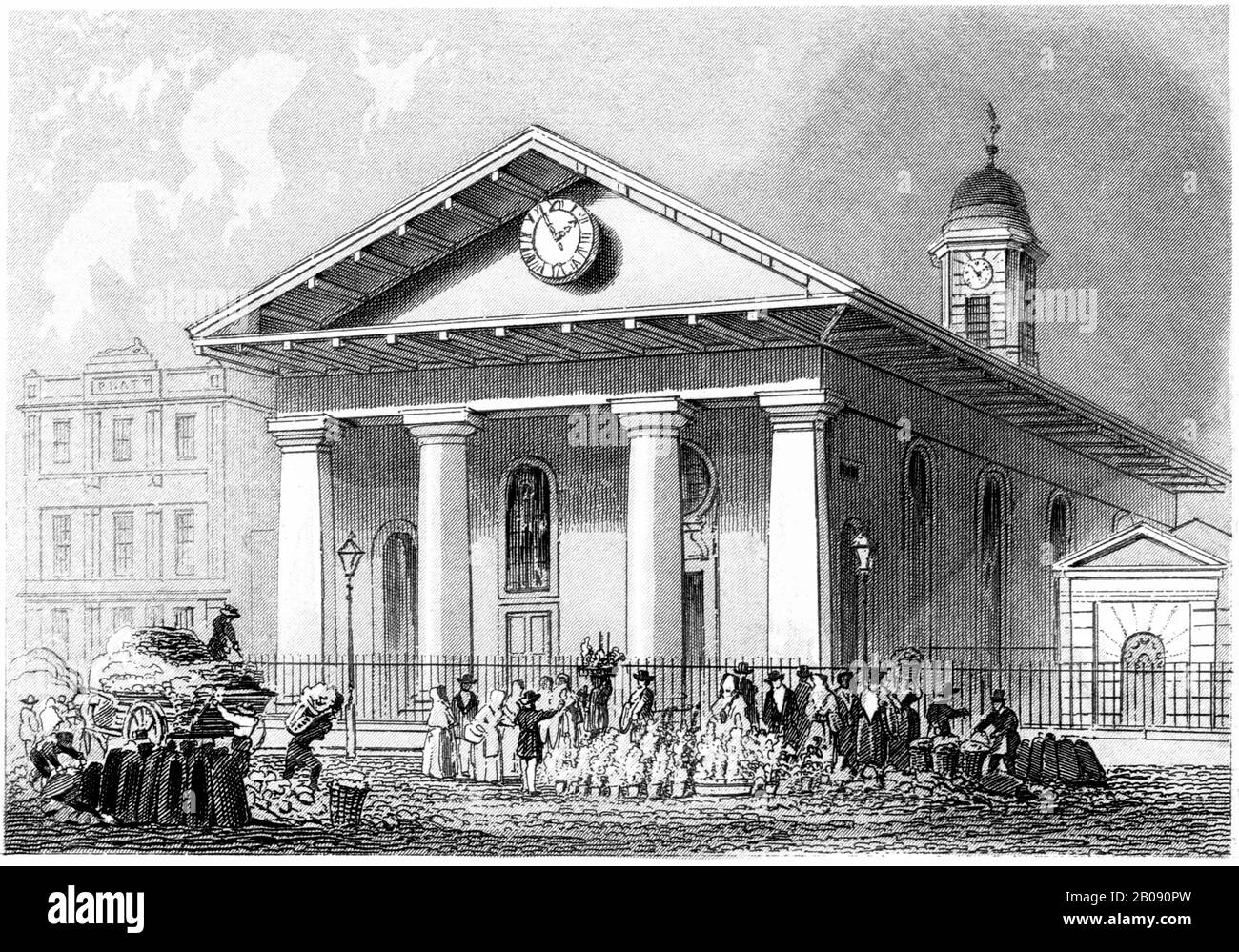 Gravur des St Pauls Covent Garden, London, gescannt in hoher Auflösung aus einem Buch, das im Jahr 1851 gedruckt wurde. Es wird angenommen, dass dieses Bild frei von allen Urheberrechten ist Stockfoto