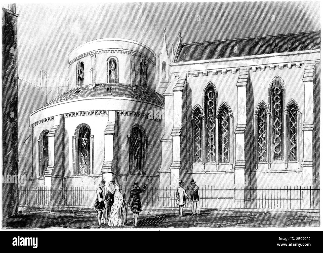 Eine Gravur der Temple Church, London, gescannte in hoher Auflösung aus einem Buch, das im Jahr 1851 gedruckt wurde. Es wird angenommen, dass dieses Bild frei von allen Urheberrechten ist. Stockfoto