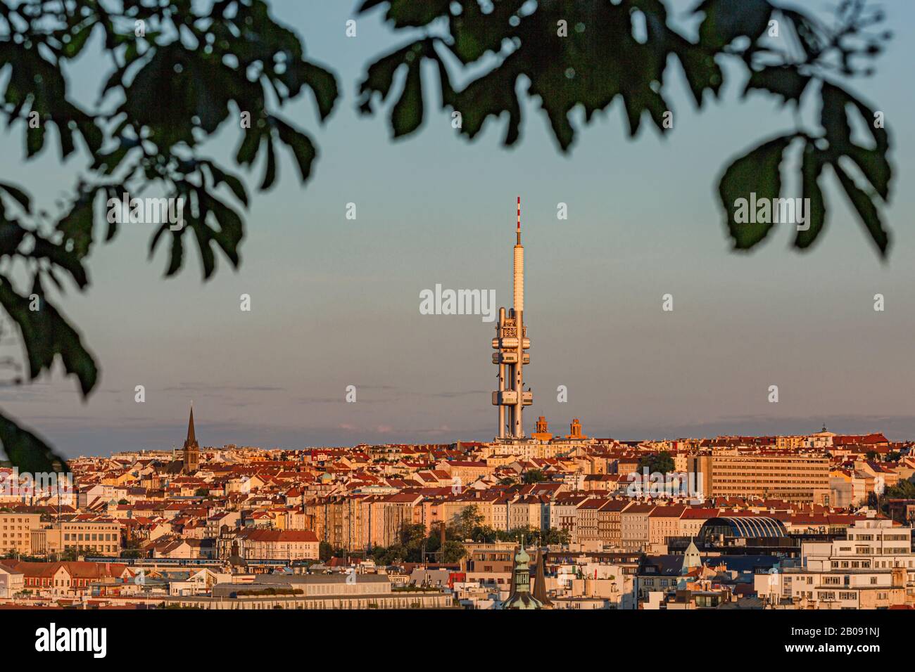 Prag/Tschechien - 23. Mai 2019: Schöner Blick auf das Stadtbild mit dem Zizkov Fernsehturm an einem sonnigen Frühlingsabend. Blauer und rosafarbener Abend. Stockfoto