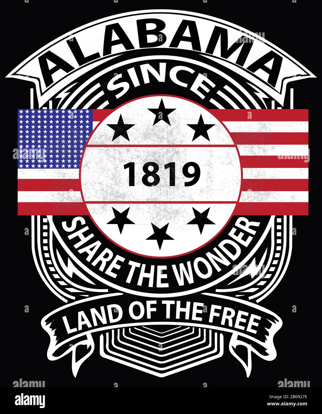 Die altmodische Typografie in Alabama mit einer grunge amerikanischen Flagge, die seit dem Jahr 1819 sagt, teilt das Wunder, dass der staatliche Slogan und das Land der Freien sind. Stockfoto