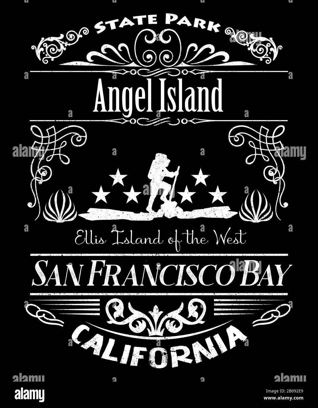 Angel Island State Park Typografie Vintage-Retro-Design. Gefunden in Kalifornien im Gebiet der San Franciso Bay, manchmal auch Ellis Island of the West genannt. Stockfoto