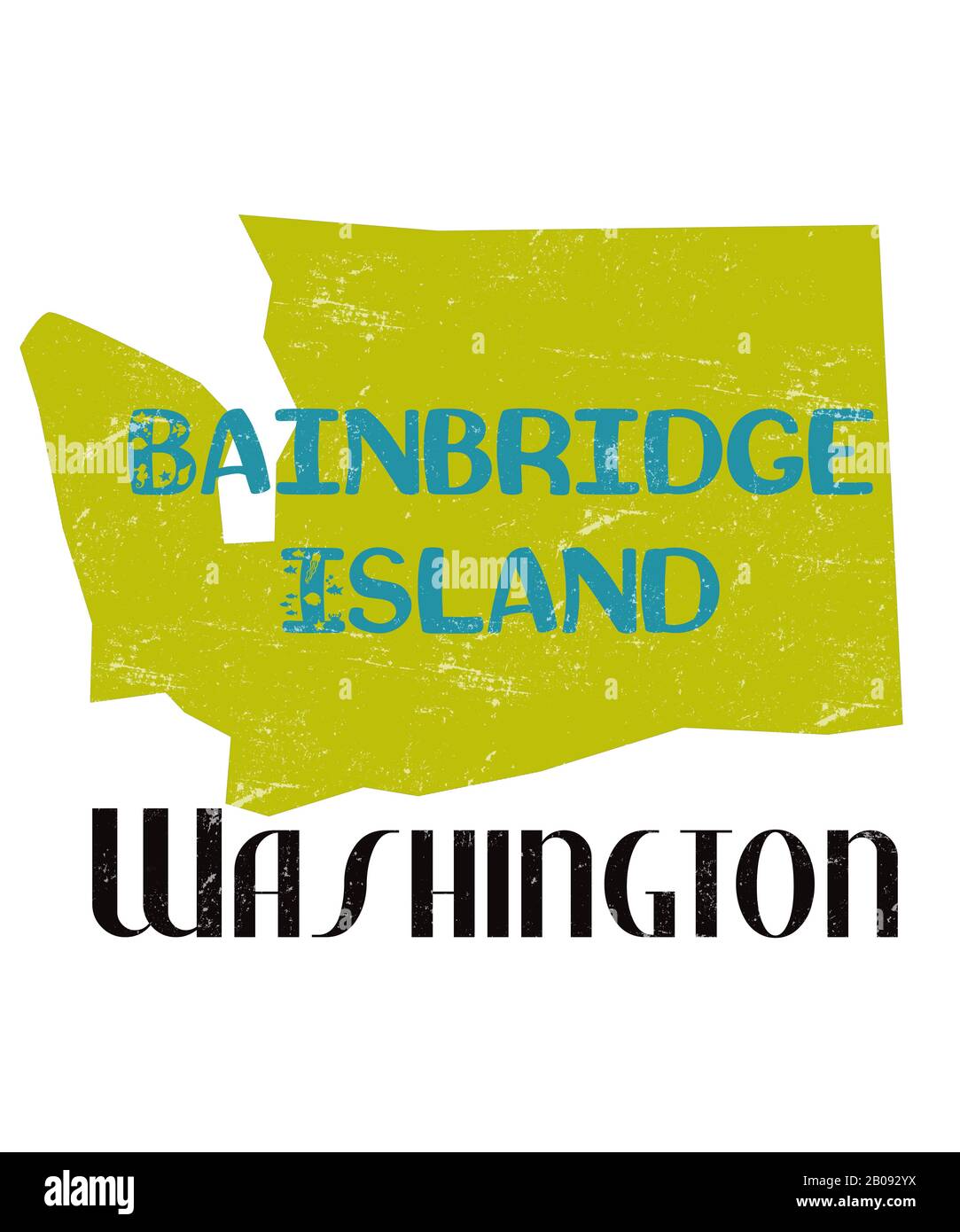 Bainbridge Island Washington Typografie in Form des Staates Washington. Chartreuse, Teal und Schwarz im Design auf weißem Hintergrund. Beliebter Pl Stockfoto