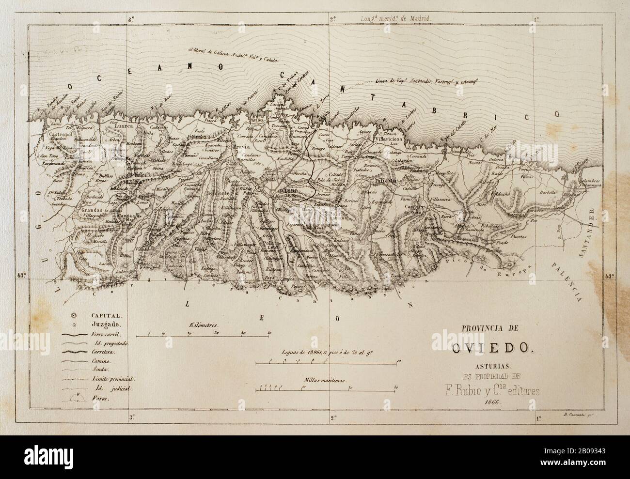 Spanien. Karte der Provinz Oviedo. Cronica General de España, Historia Ilustrada y Descriptiva de sus Provincias. Asturien und Leon, das Jahr 1867. Stockfoto