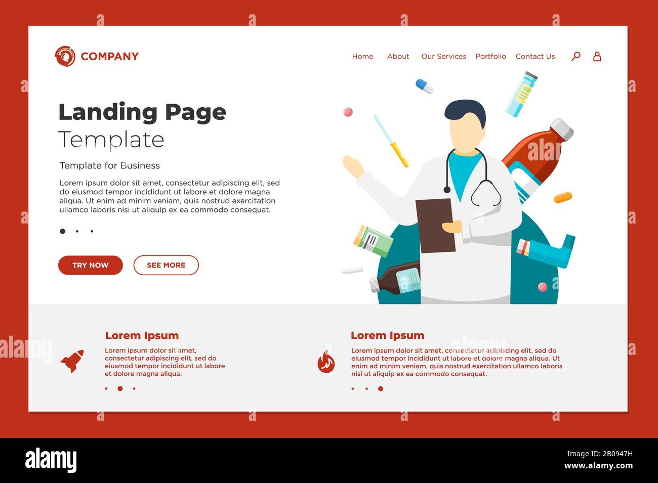 Health Care Online Website Landing Page Design Vorlage. Medizinische Internet-Hilfe. Männliche Arzt Berater und Medizin Pillen Tabletten Drogen. Beratung Apotheke Klinik Service Vektor Illustration Stock Vektor