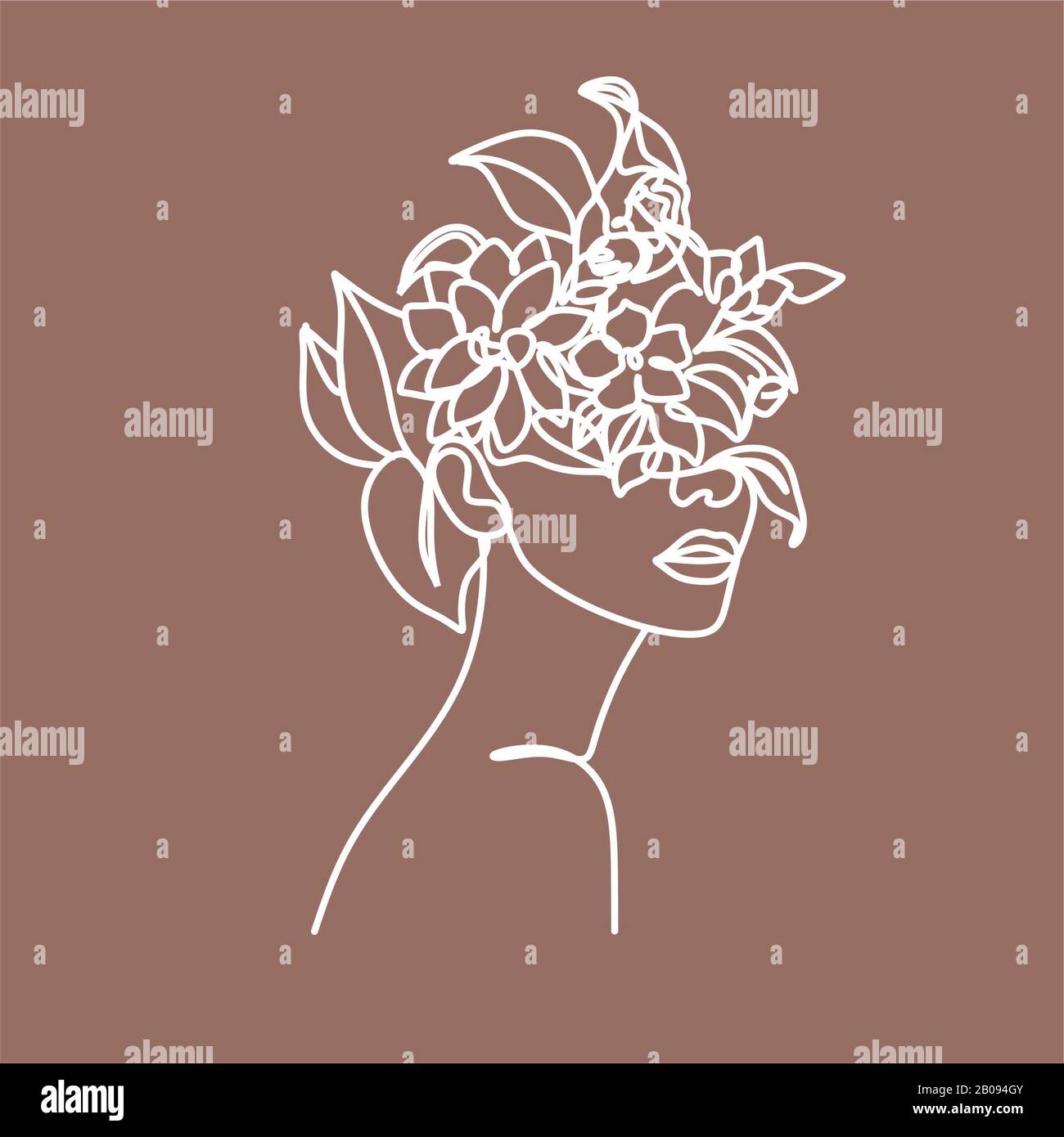 Abstraktes Gesicht mit Blumen in einer Linienvektorzeichnung. Minimalistischer Hochformat. Botanischer Druck. Natursymbol der Kosmetik. Modernes Dauerli Stockfoto