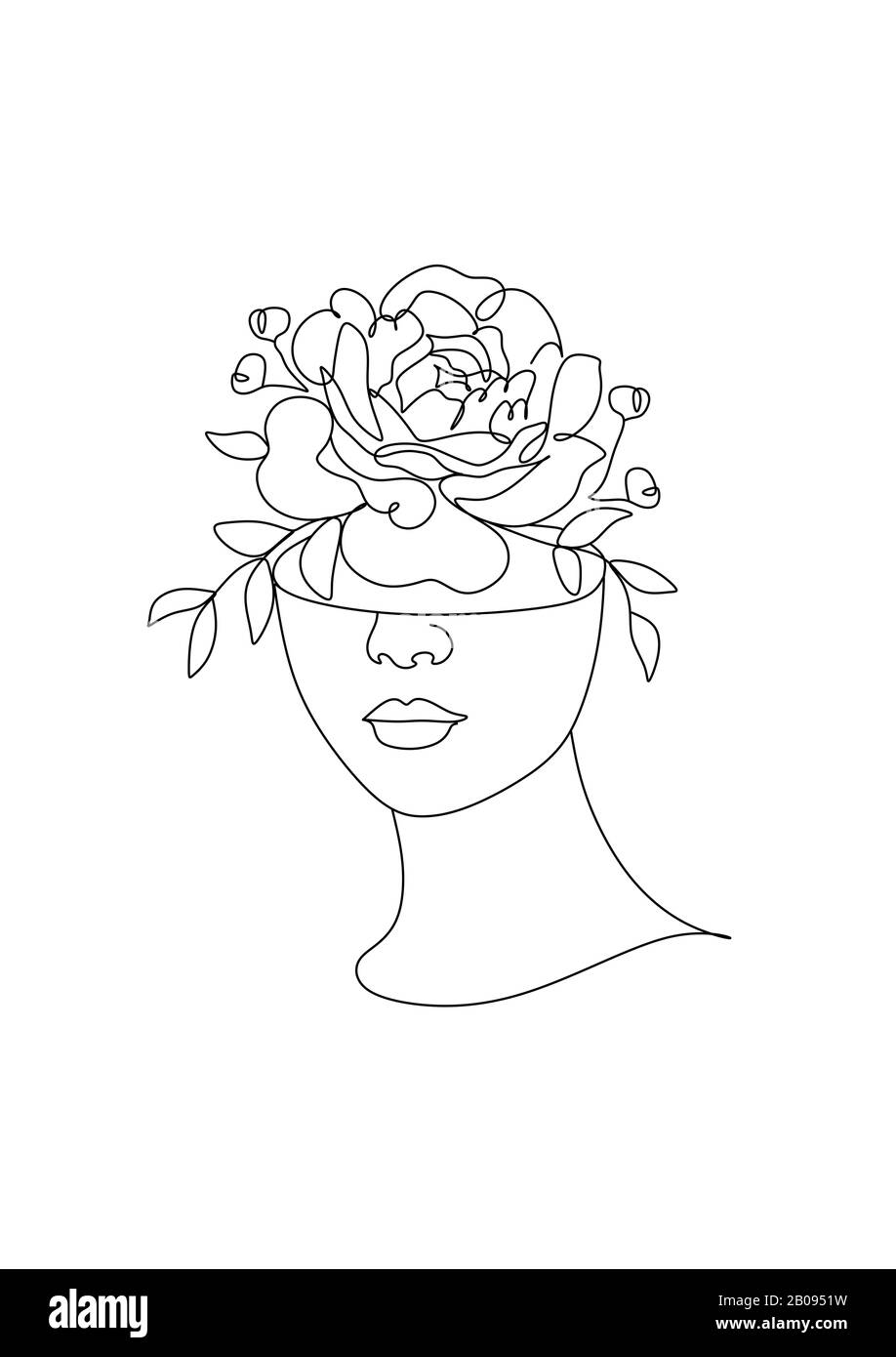 Zeichnung der natürlichen Linie der Frau. Mädchen mit Blättern Vektor. Natur Speichern. Erdtag. Abstraktes Gesicht mit Blumen in einer Linienvektorzeichnung. Minimalistisches Porträt Stockfoto