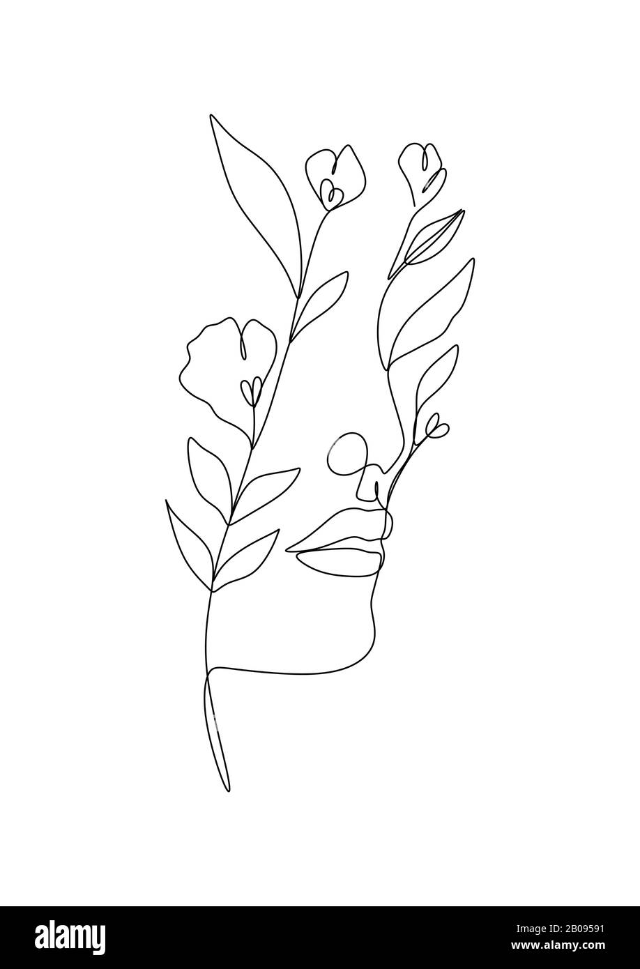 Zeichnung der natürlichen Linie der Frau. Mädchen mit Blättern Vektor. Natur Speichern. Erdtag. Abstraktes Gesicht mit Blumen in einer Linienvektorzeichnung. Minimalistisches Porträt Stockfoto