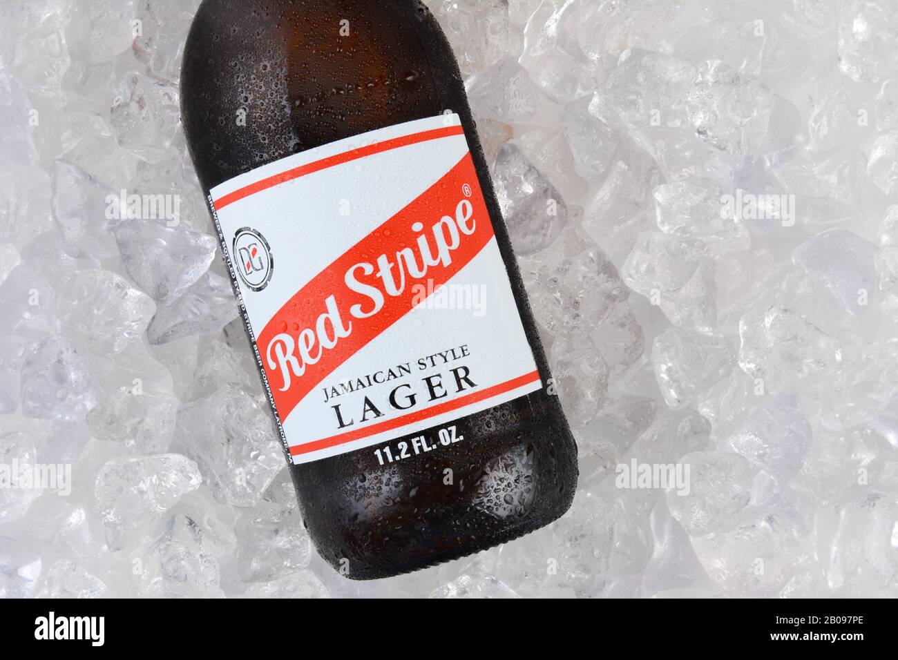 Irvine, CA - 11. JANUAR 2015: Red Stripe Jamaican Style Lager auf einem Bett aus Eis-Nahaufnahme. Gebraut in Jamaika seit 1938 von Desnoes & Geddes ITS internati Stockfoto