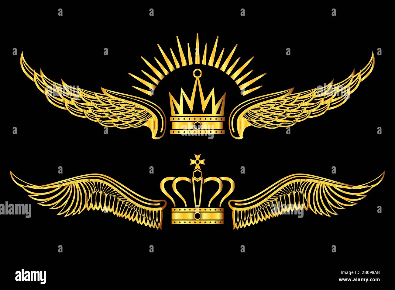 Satz goldener geflügelter Kronen Logos schwarzer Hintergrund. Goldenes luxuriöses königliches Emblem. Vektorgrafiken Stock Vektor