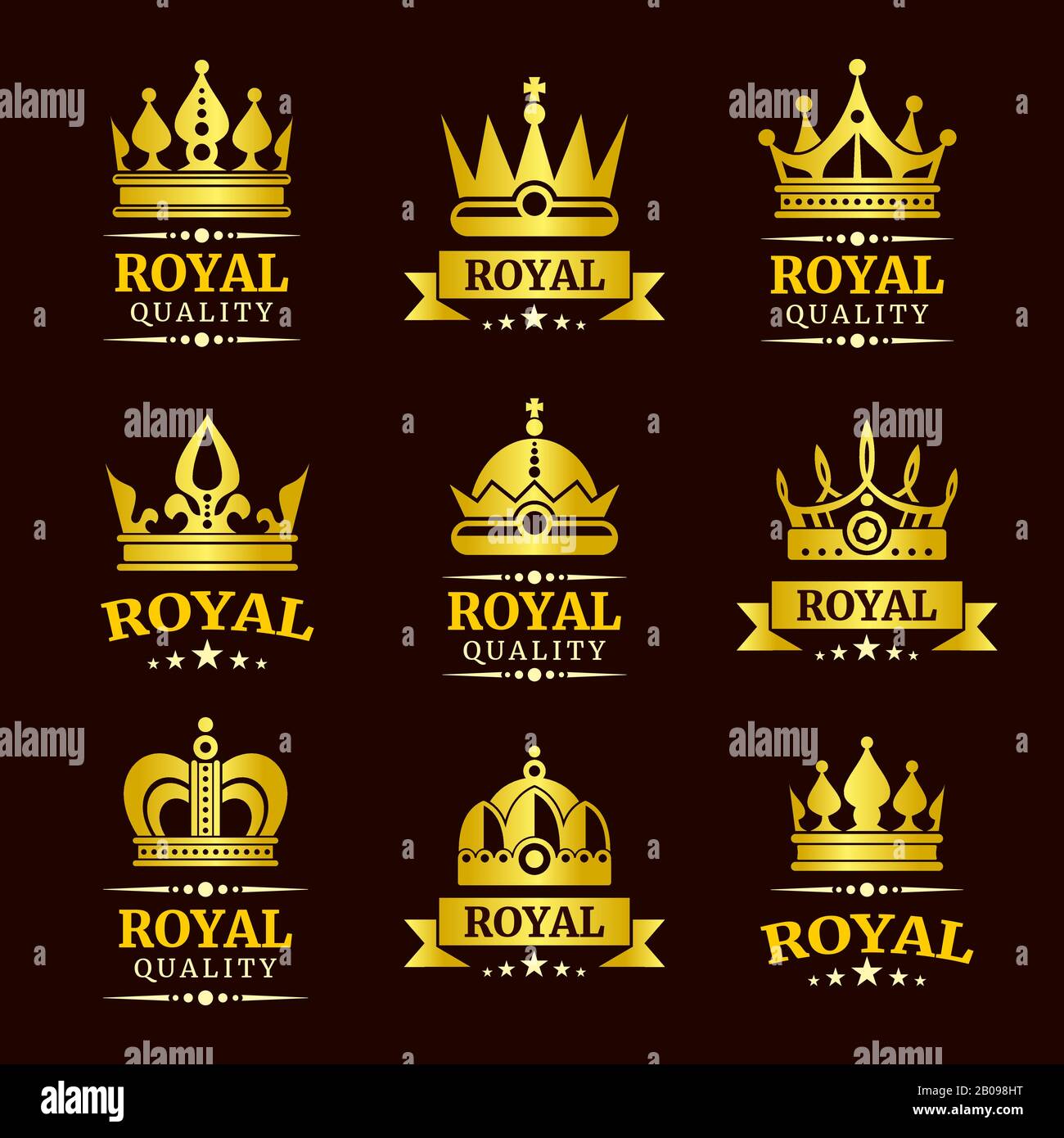 Set mit Vorlagen für Vektorgrafiken in goldener Königsqualität. Sammlung von Luxus-Emblem und -Abzeichen Stock Vektor